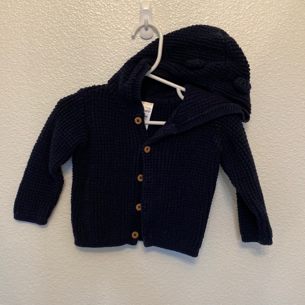 Carter’s knitted hooded sweater with wood buttons and bear ears on hood